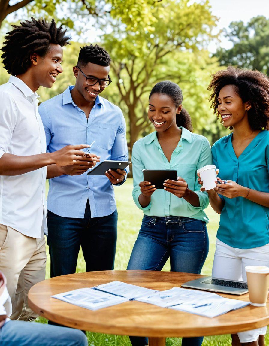 A young diverse group of Americans discussing insurance options at a bright, sunny park, surrounded by visual infographics illustrating affordable coverage choices. Emphasize engagement and optimism in their expressions, with a laptop open showing insurance plans. Add elements like a notepad, coffee cups, and a smartphone for a relatable vibe. vibrant colors. outdoor setting.