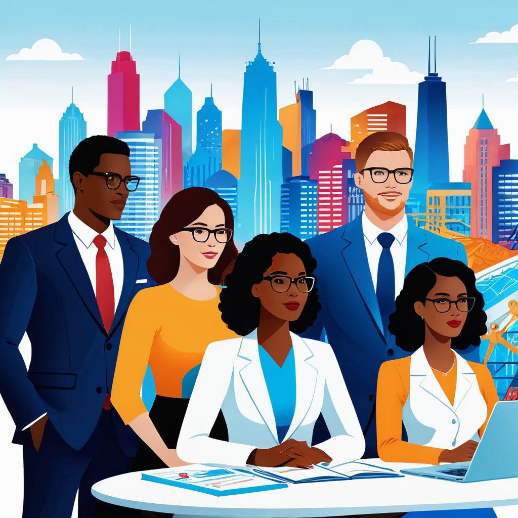 A dynamic illustration depicting a diverse group of young professionals engaged in discussions about insurance coverage options, surrounded by vibrant icons representing health, auto, and life insurance. The backdrop features a city skyline, symbolizing ambition and opportunity. Include a modern, tech-inspired aesthetic with energetic colors and clear, engaging visuals. super-realistic. vibrant colors. white background.